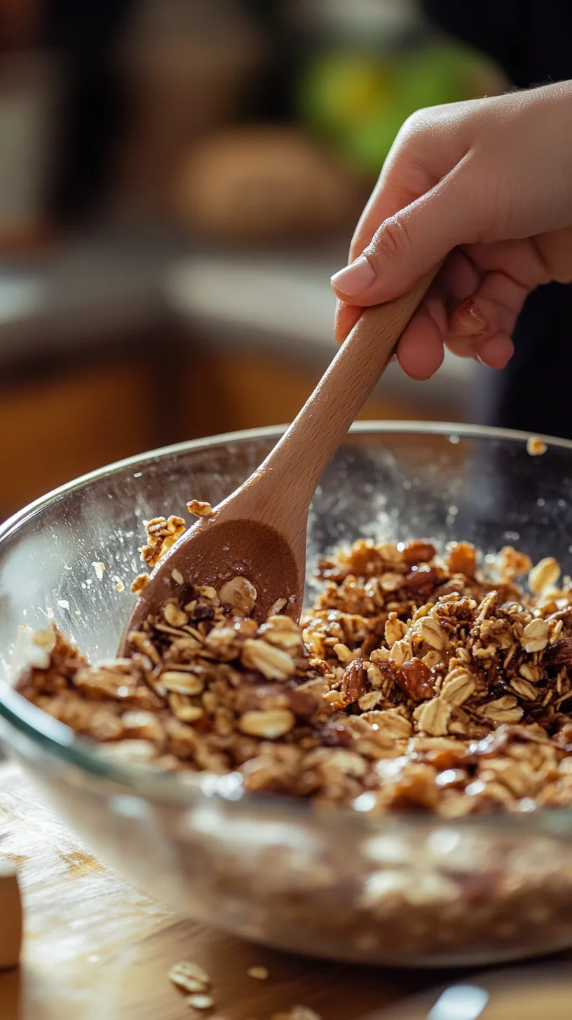 granola mixture being stirred in a large glass bowl