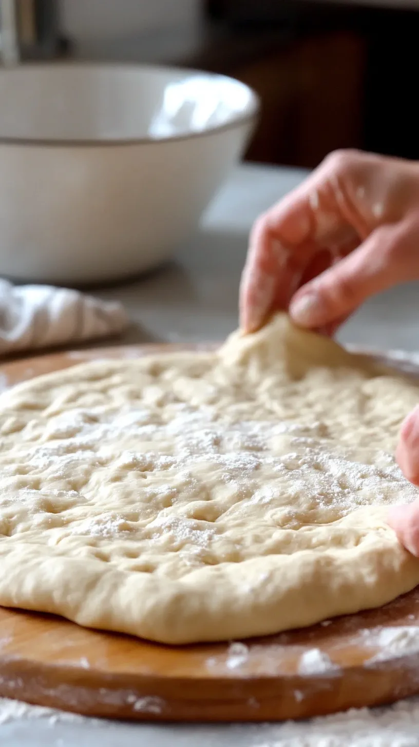 hands kneading soft pizza dough on a lightly floured wooden surface