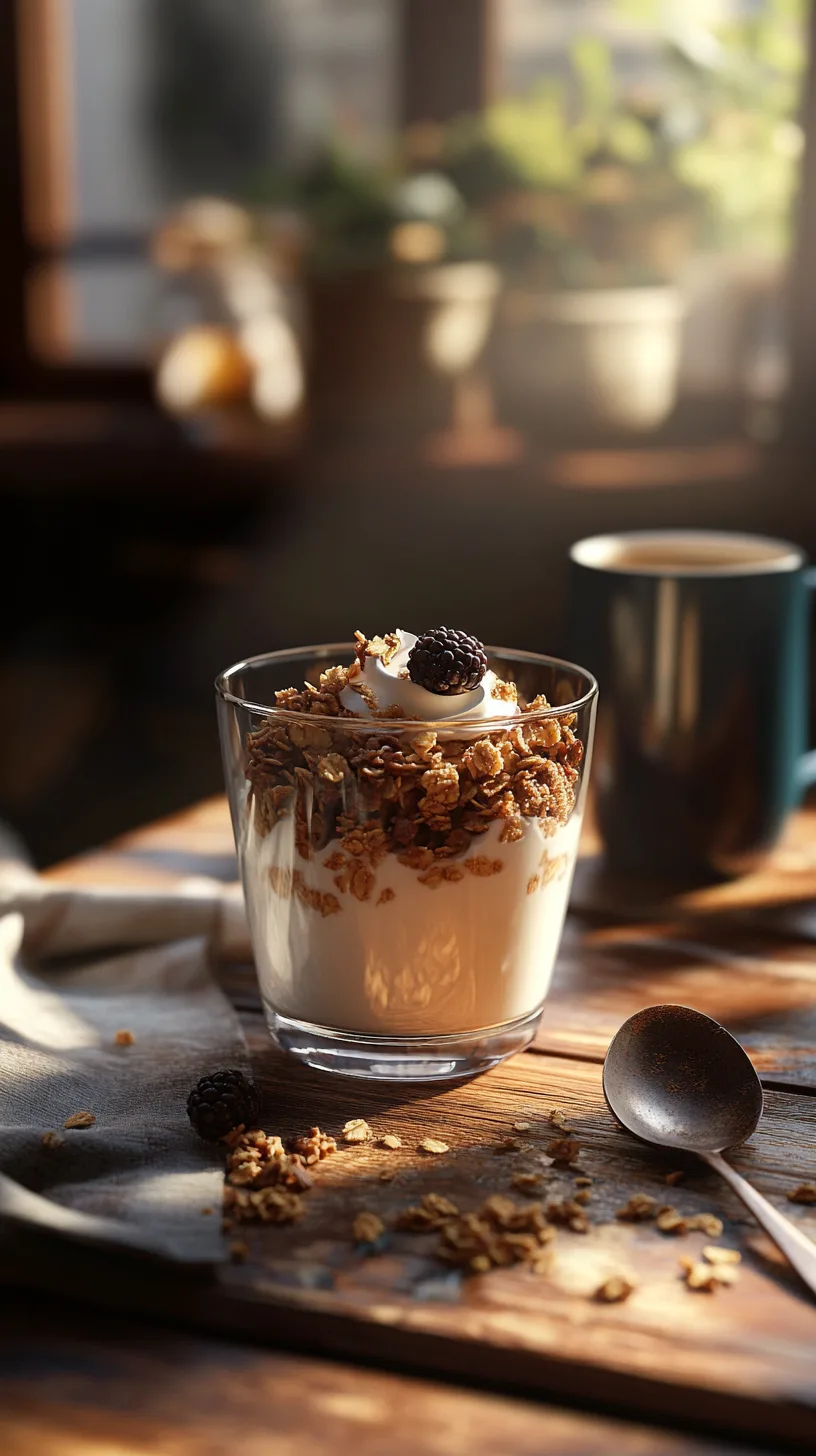 simple yogurt parfait in a regular glass with layers of homemade granola and a few berries