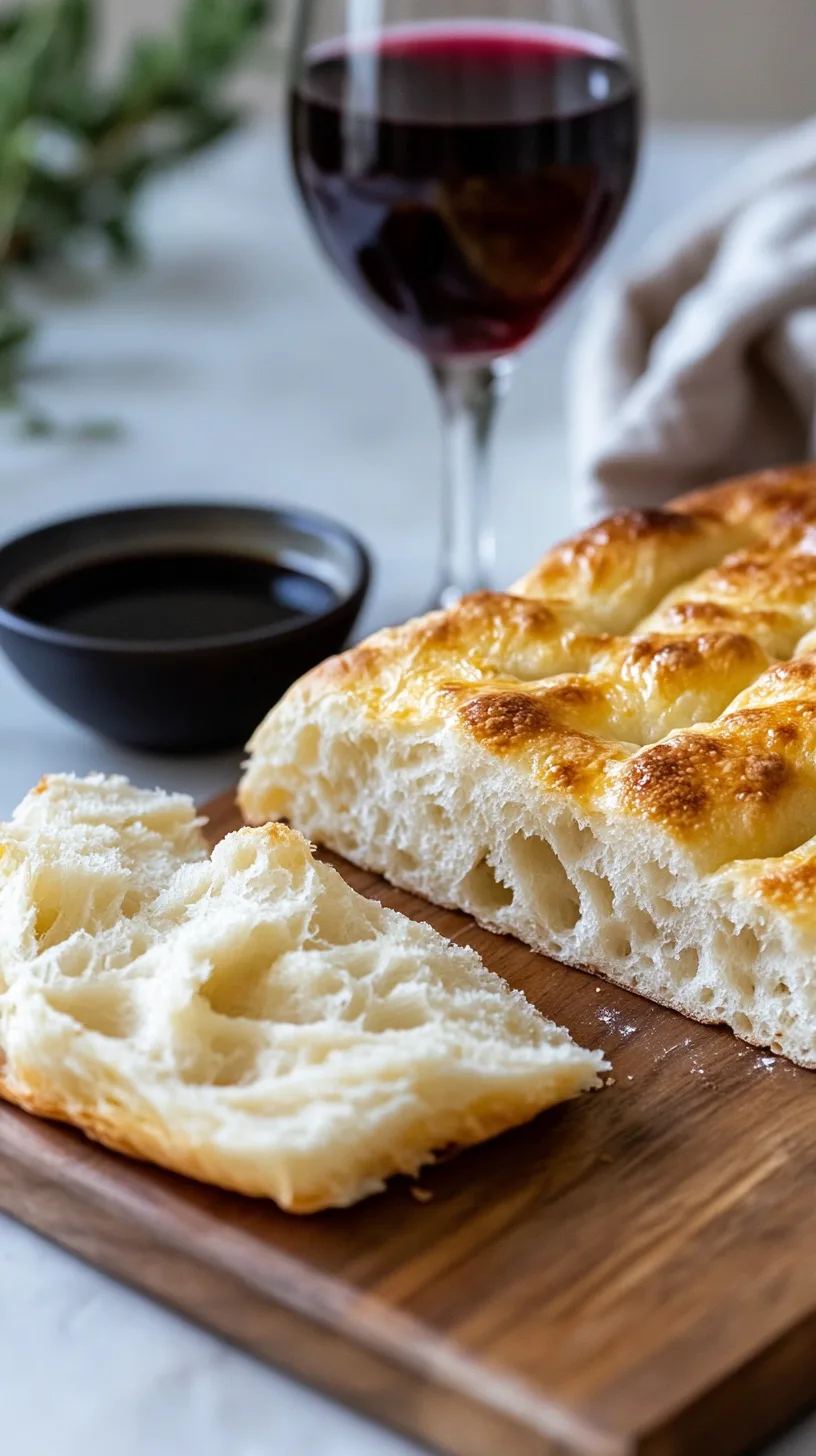sliced loaf of focaccia on a wooden serving board