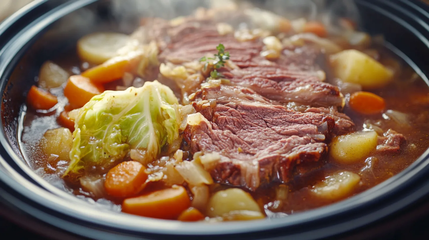 slow cooker filled with perfectly cooked corned beef and cabbage