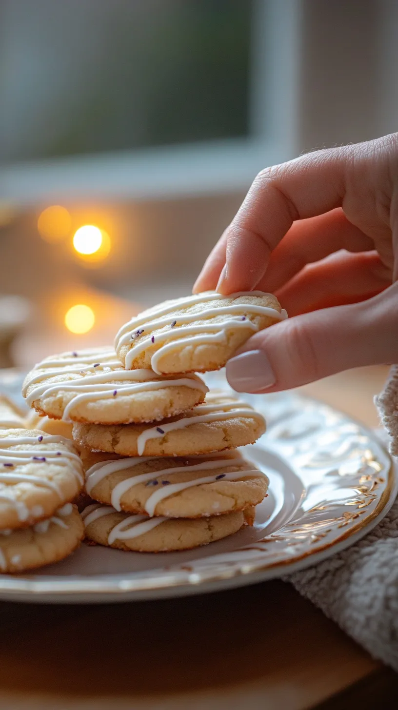 Lemon Lavender Shortbread Cookies in a stack on a pretty plate