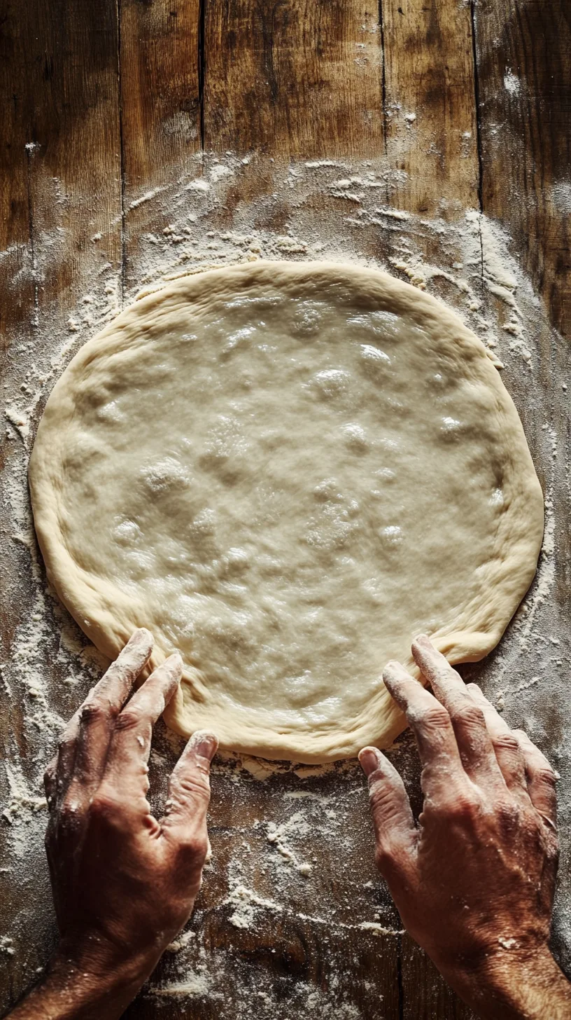 baker's hands gently stretching a circle of pizza dough made with 00 flour