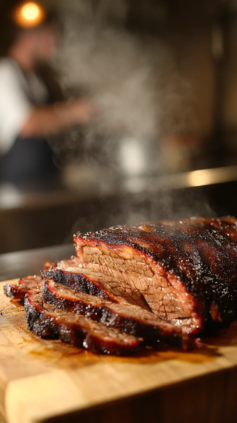 beautifully smoked, sliced brisket on a wooden cutting board