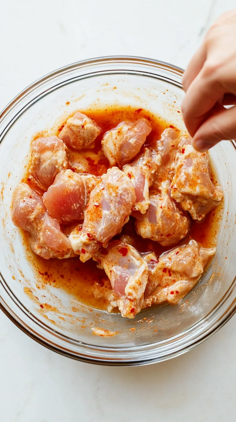 boneless chicken pieces marinating in a creamy buttermilk mixture