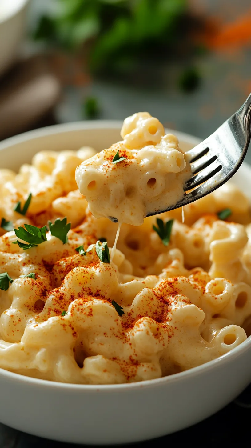 crock pot macaroni and cheese, garnished with a sprinkle of paprika and fresh parsley