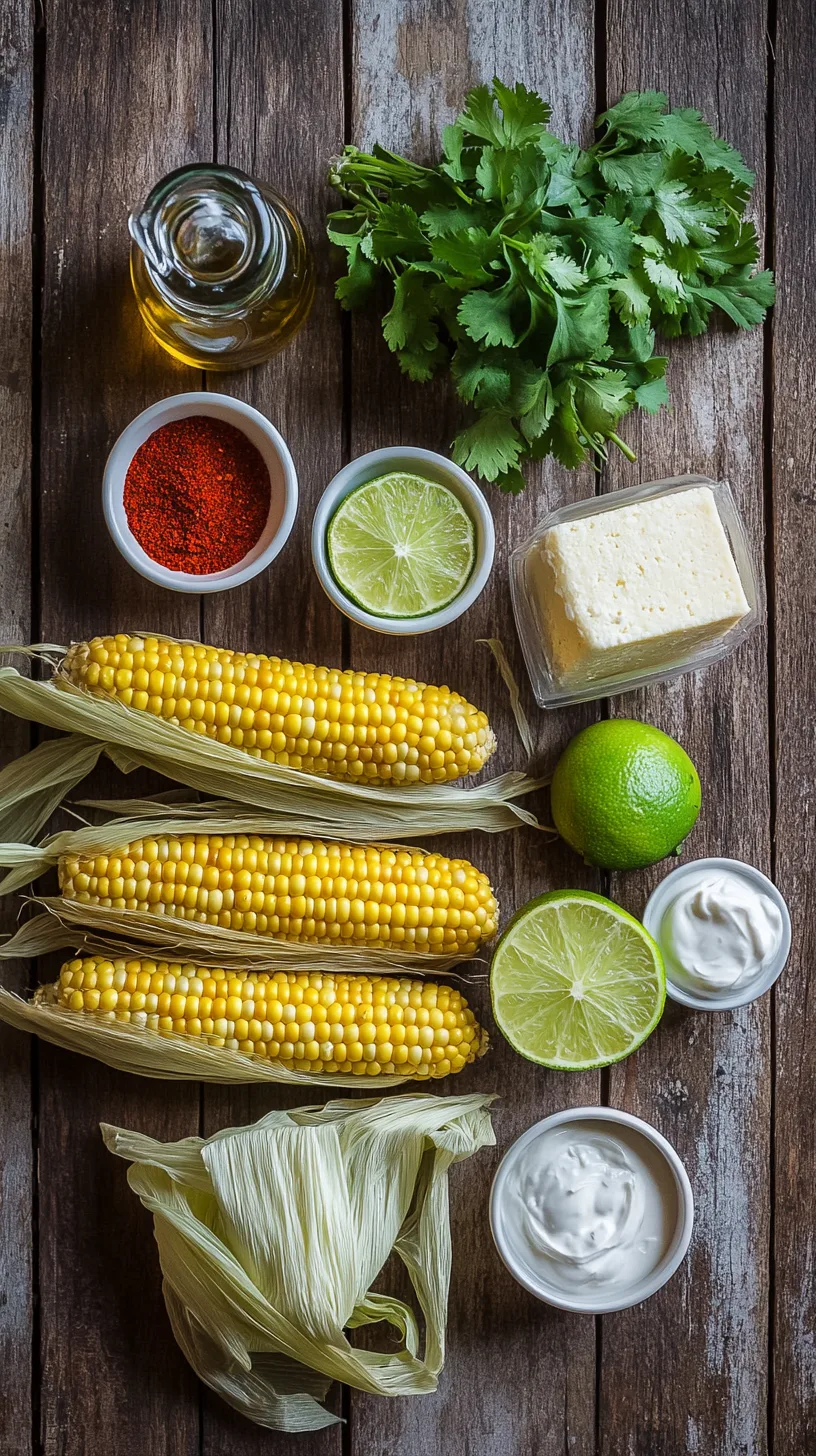 fresh ingredients needed for chili-lime grilled corn pieces