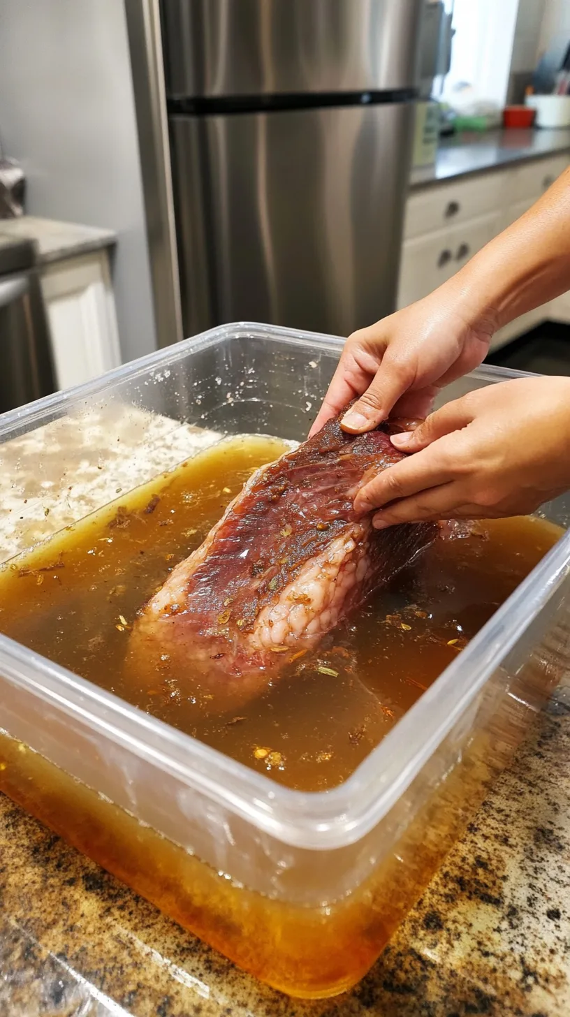 gently lowering a raw brisket into a large, clear plastic container filled with brine