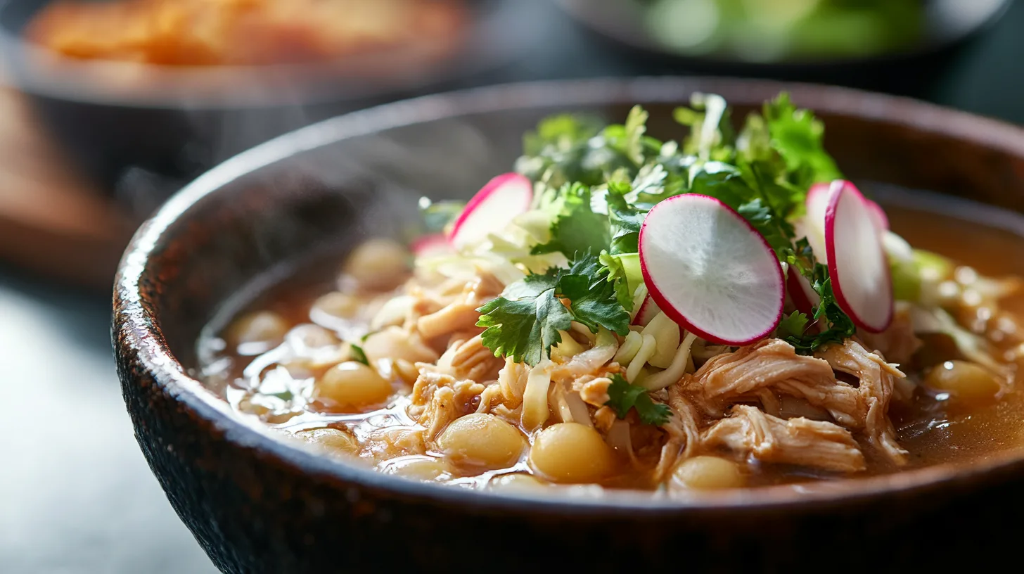 steaming bowl of chicken pozole