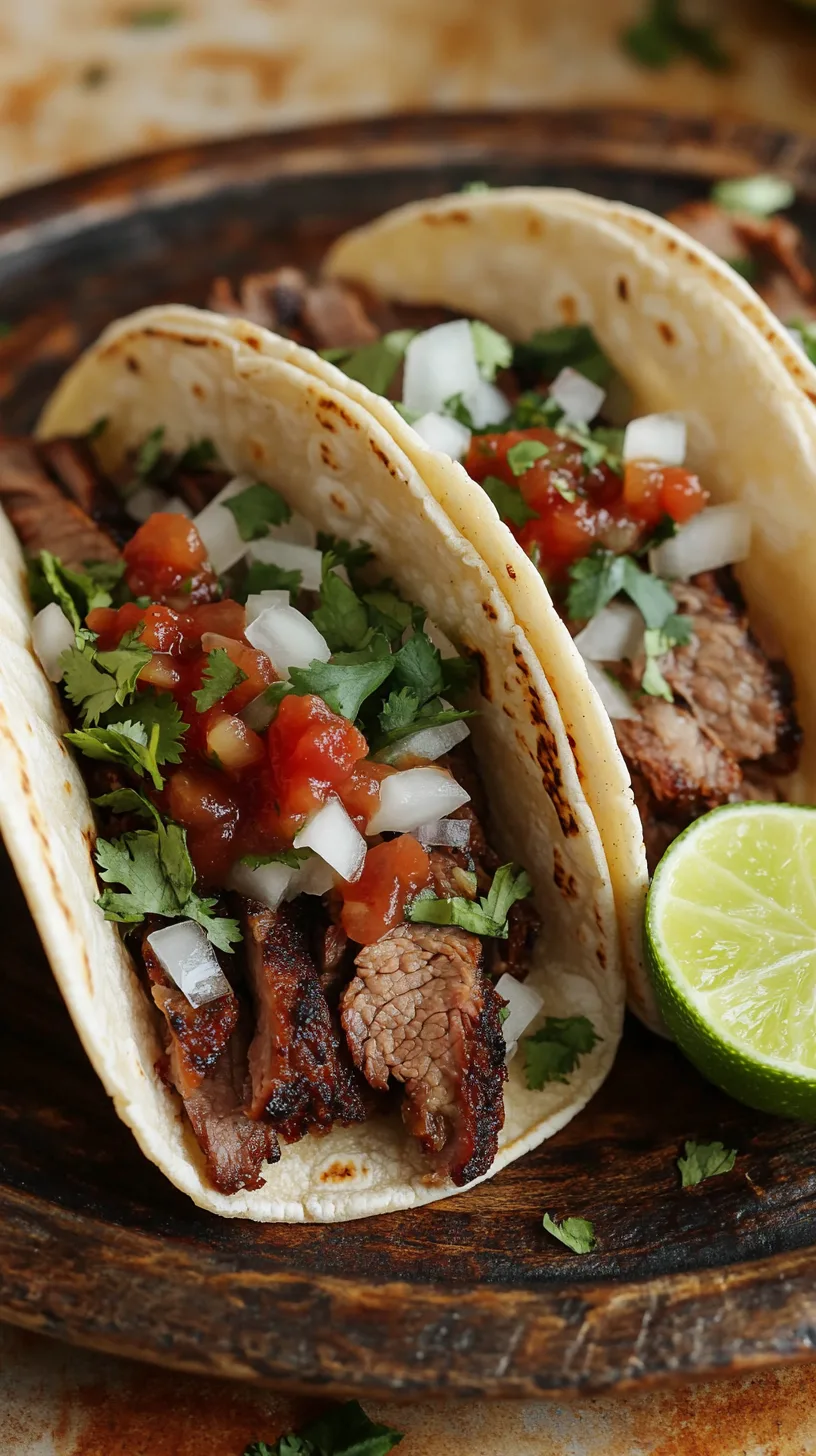 three beautifully assembled carne asada tacos on a rustic plate