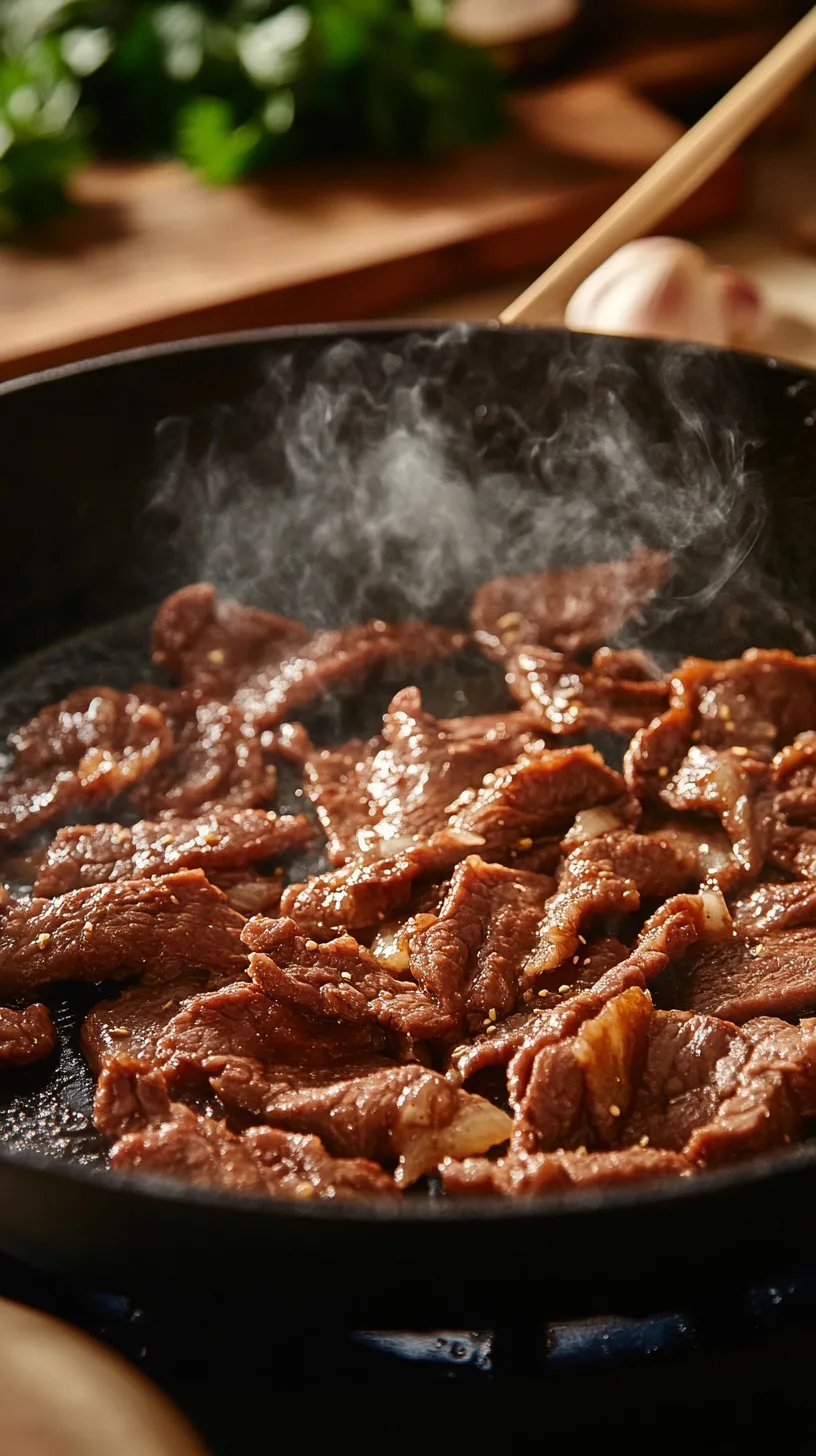 A cast-iron skillet with thinly sliced bulgogi beef sizzling over high heat