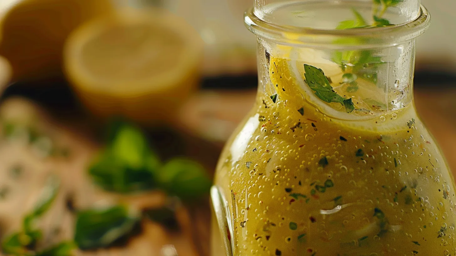 carafe of lemon oregano vinaigrette