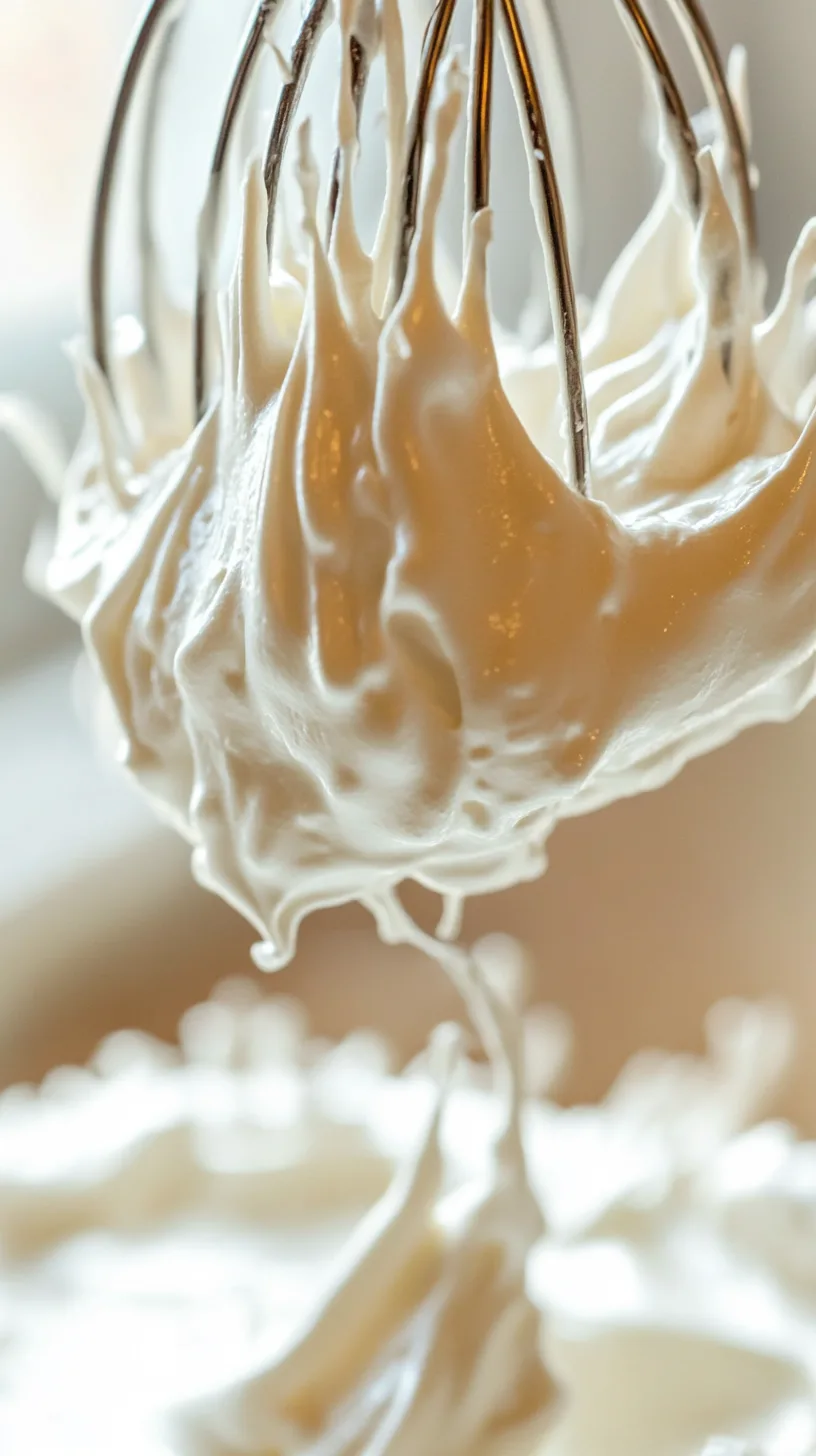 freshly whipped Italian meringue clinging to a stand mixer whisk attachment