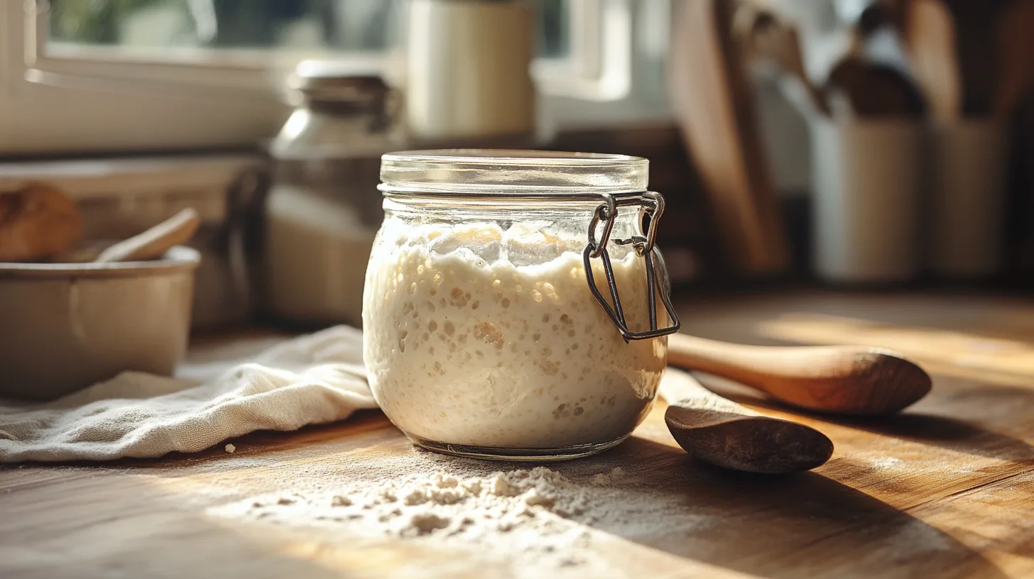glass jar filled with active sourdough starter