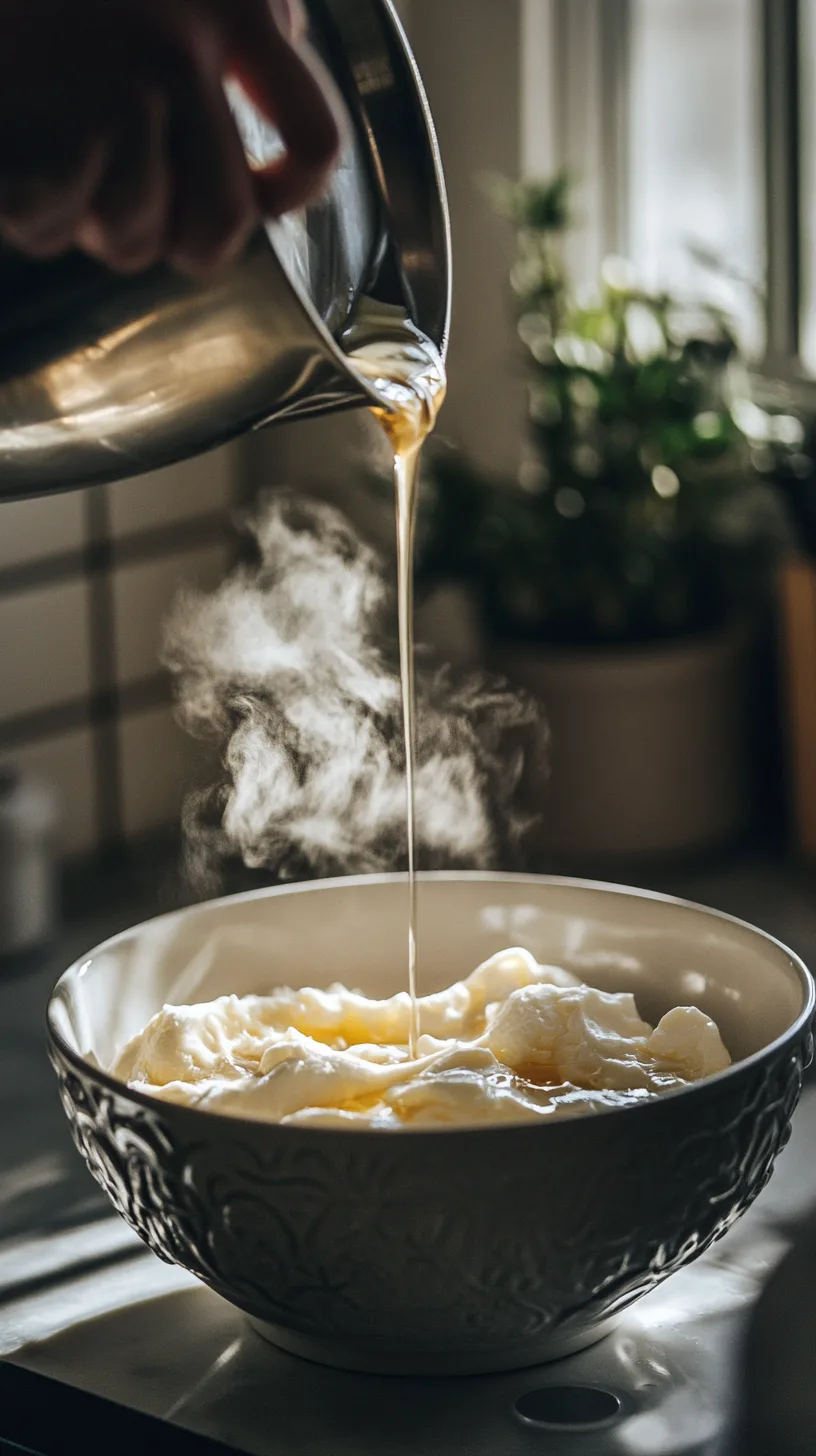 hot sugar syrup being poured carefully into a stand mixer bowl with fluffy egg whites
