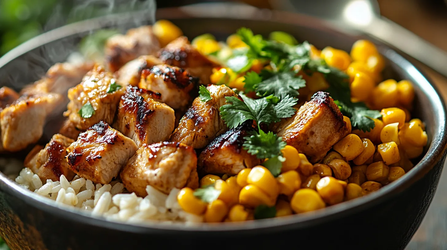 warm bowl filled with juicy grilled chicken chunks, tender rice, creamy street-style corn, and vibrant sprinkles of fresh cilantro