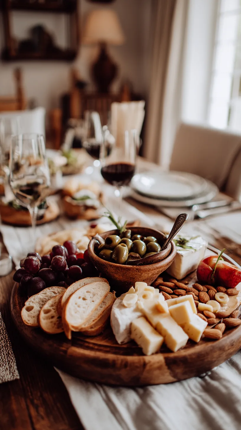Beautiful charcuterie board set on a dining table, featuring marinated olives