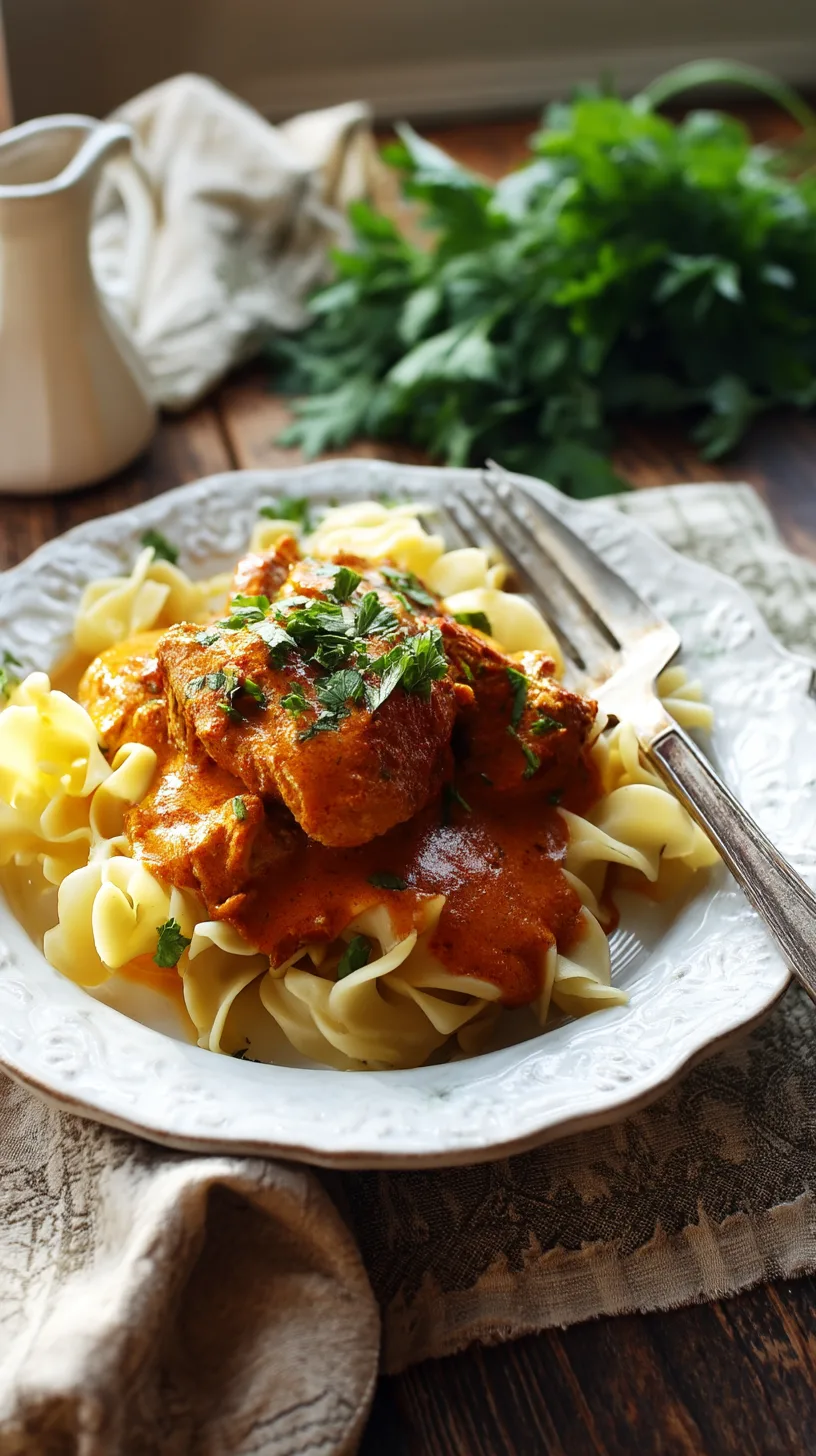 Beautifully plated Chicken Paprikash served over buttery egg noodles