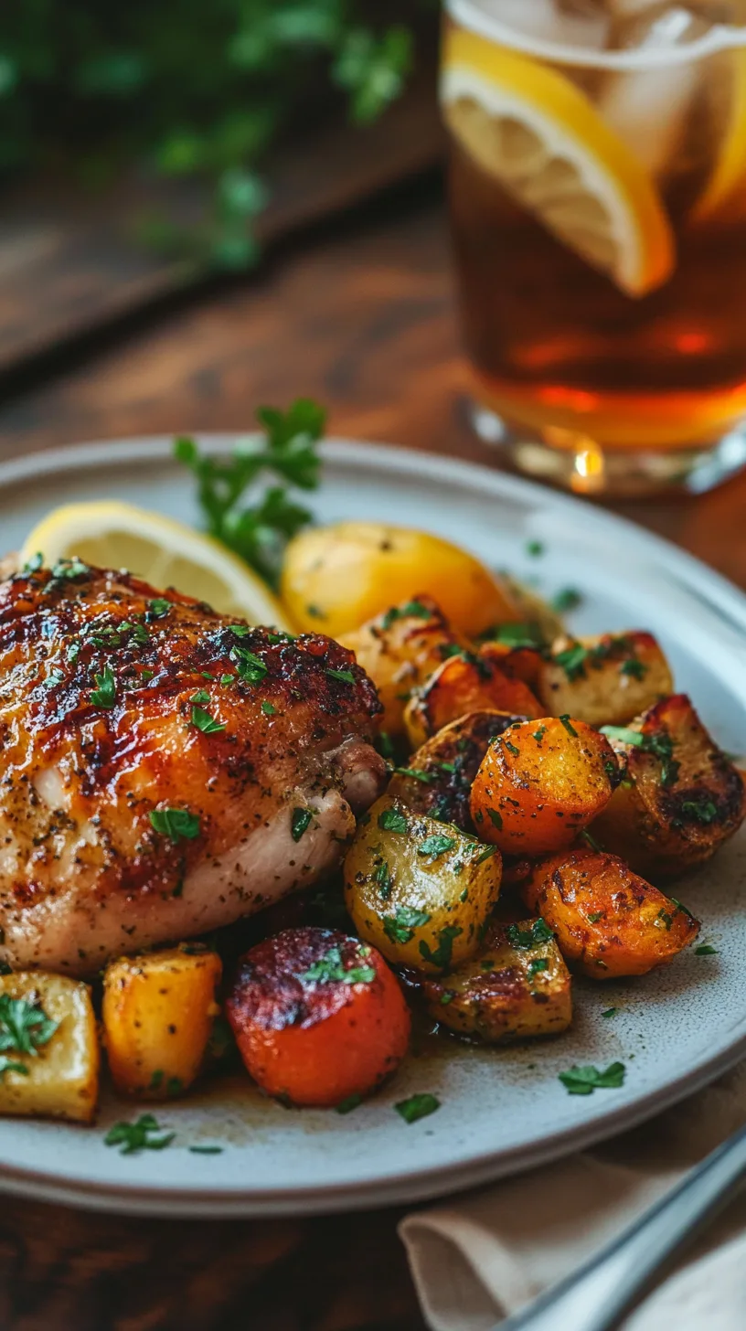 herb roasted chicken thigh accompanied by roasted spring vegetables