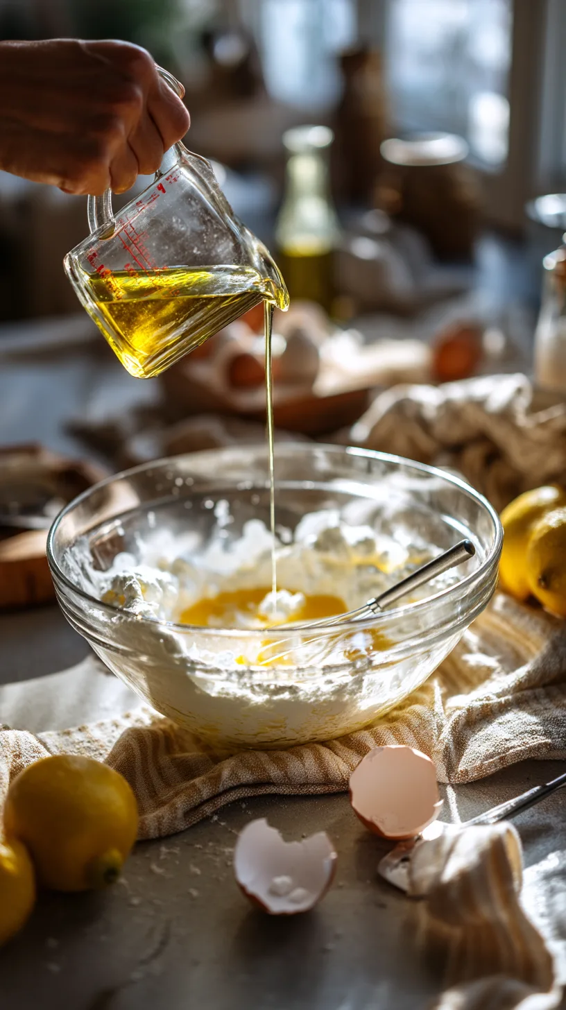 home baker slowly pouring golden olive oil from a small glass measuring cup into a large clear mixing bowl filled with whipped sugar and eggs