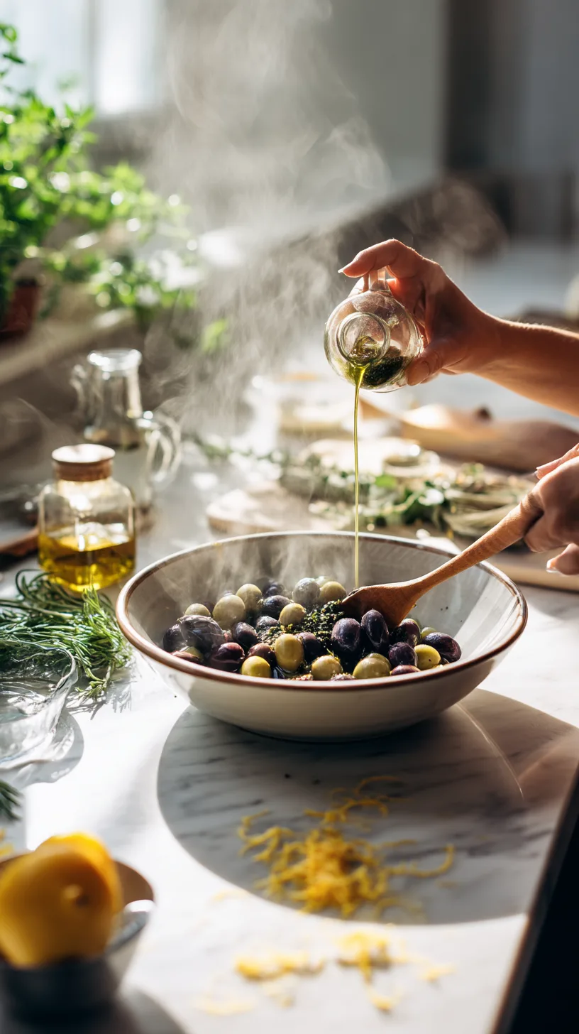 home cook pouring warm olive oil and herb mixture over a big bowl of mixed olives for service