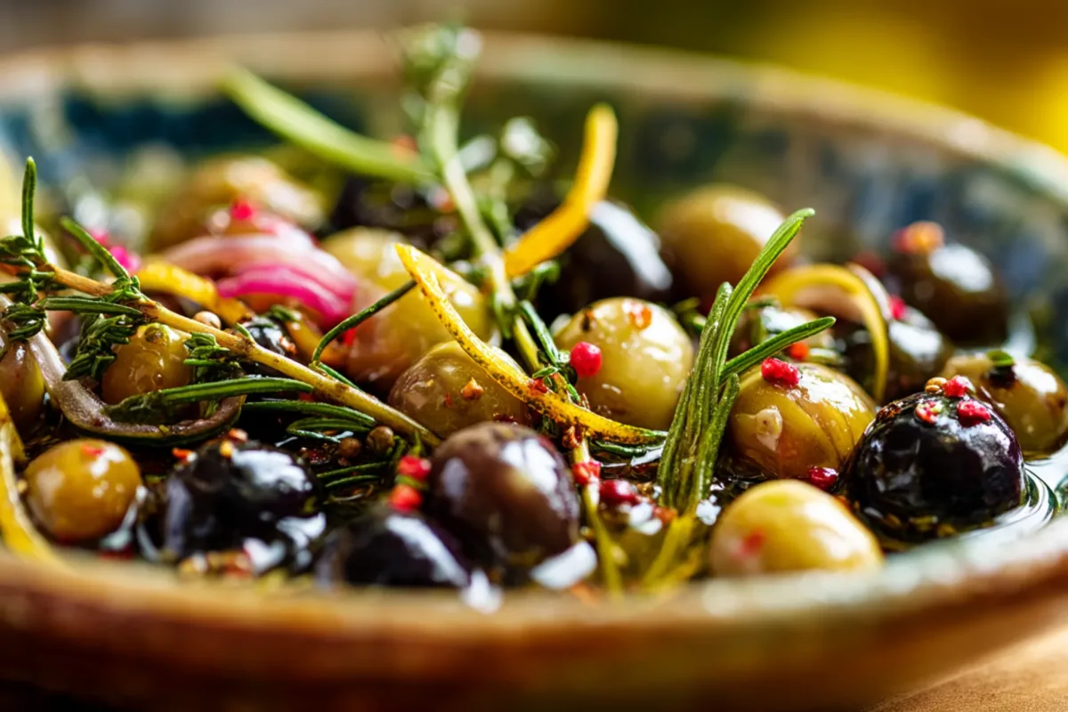 rustic ceramic bowl overflowing with marinated olives