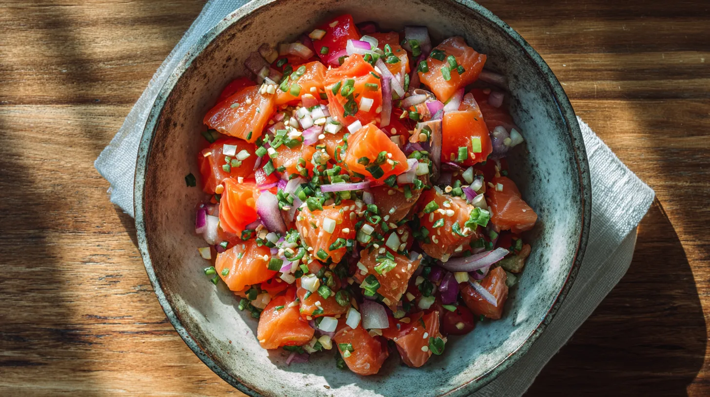 ceramic bowl filled with cured lomi lomi salmon