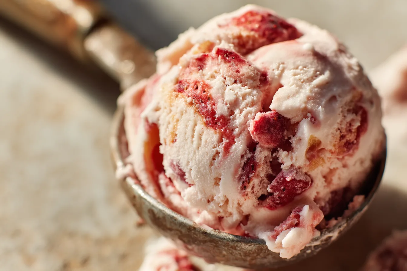 scoop of no-churn roasted strawberry ice cream