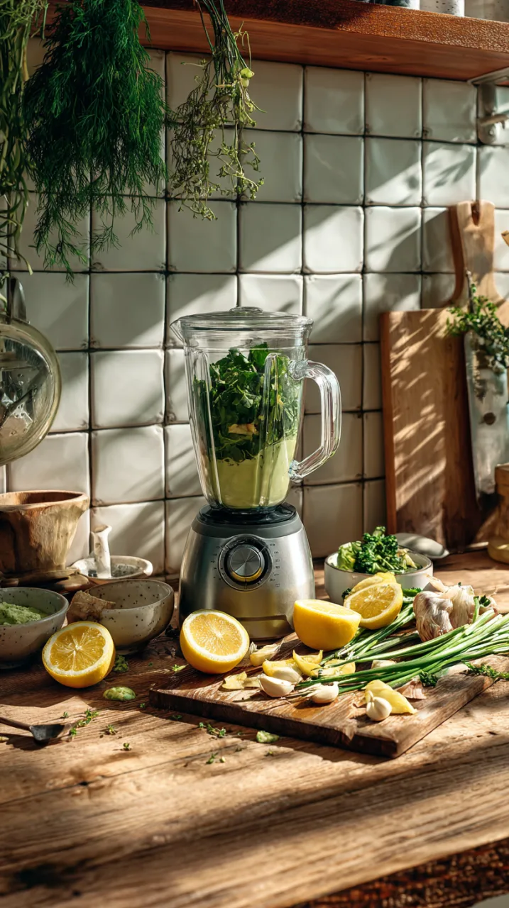 blender filled with green goddess dressing ingredients