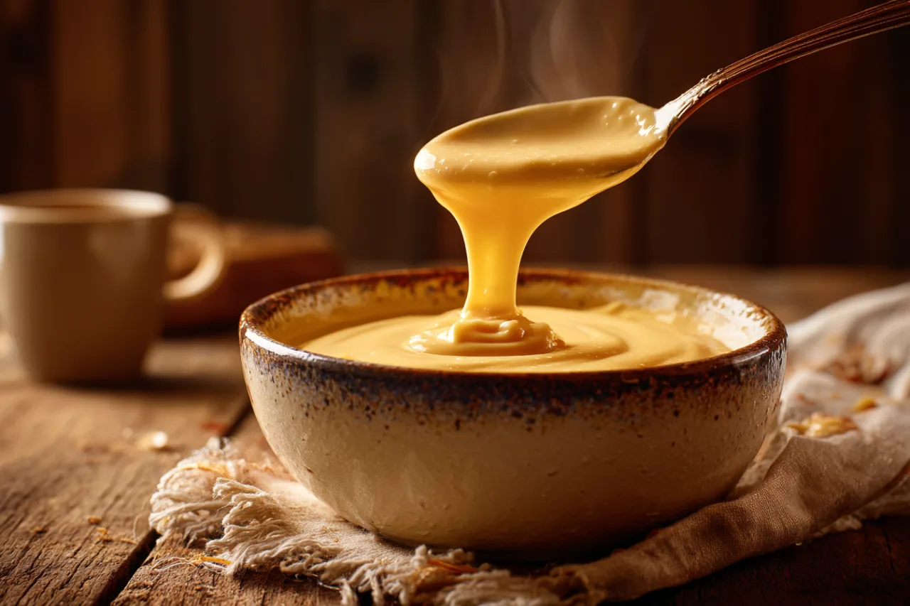 cheddar cheese sauce made with sodium citrate being poured slowly from a large spoon