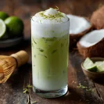 coconut matcha cooler on a rustic wood counter