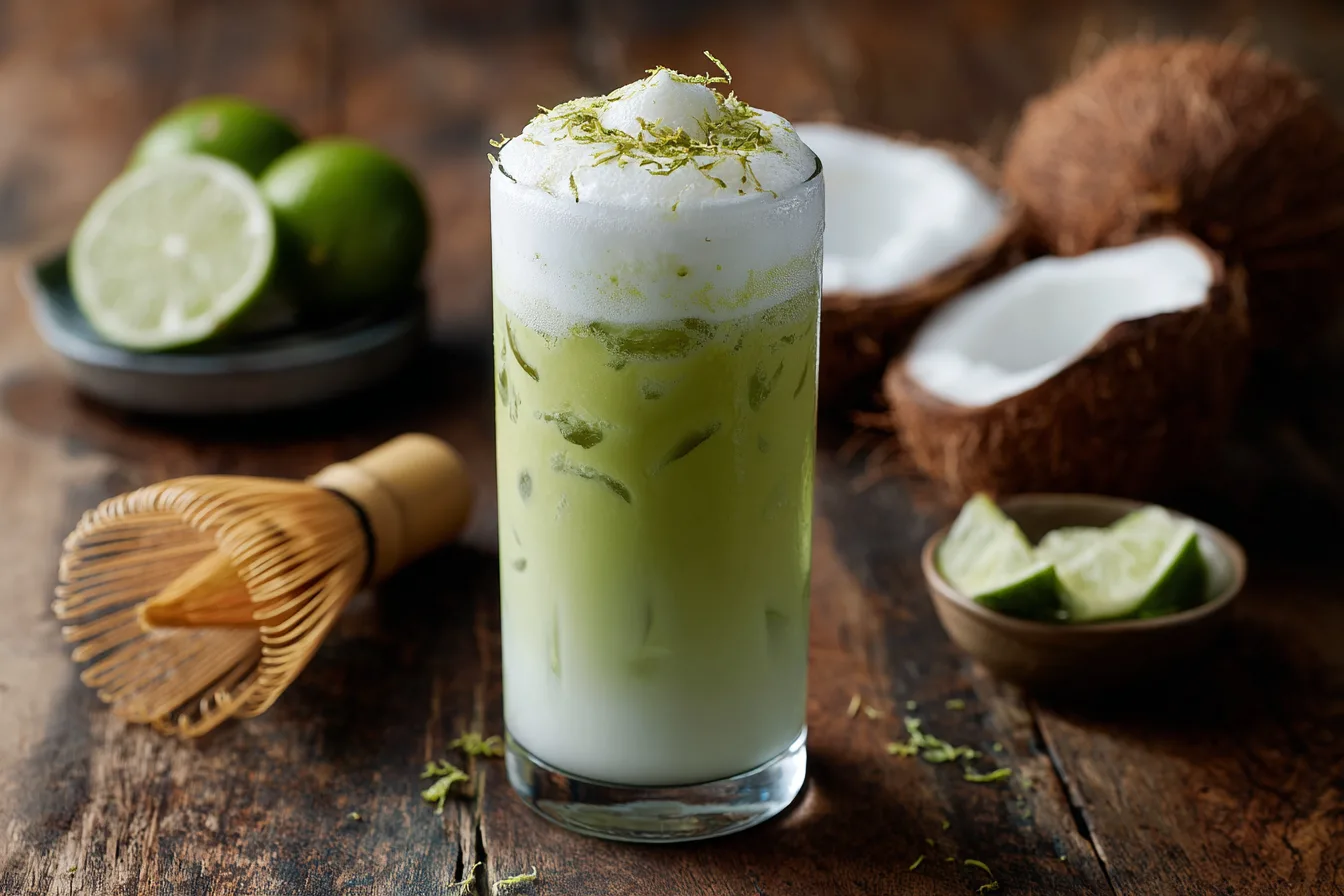 coconut matcha cooler on a rustic wood counter