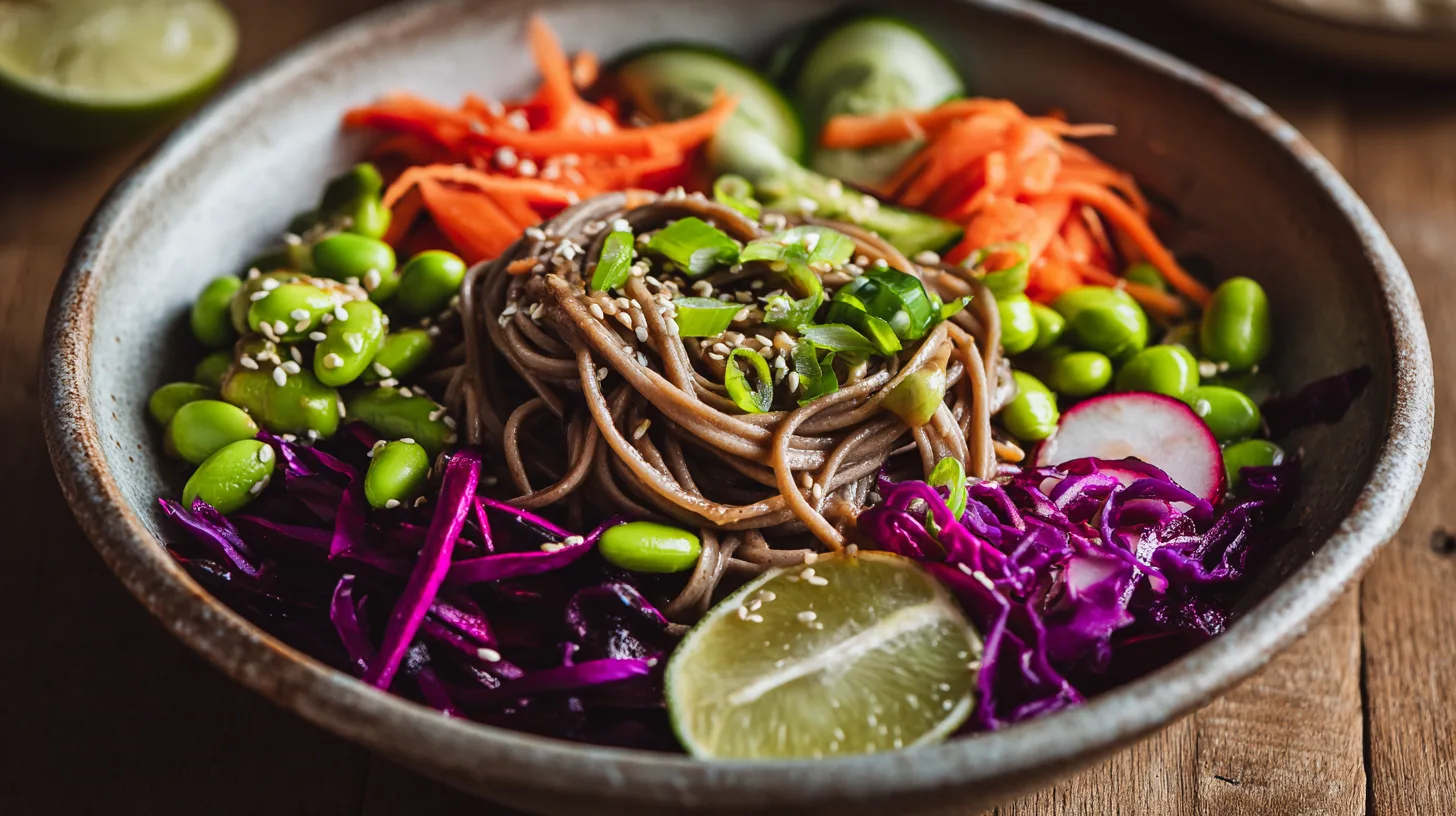 cold soba noodle bowl with vibrant vegetables