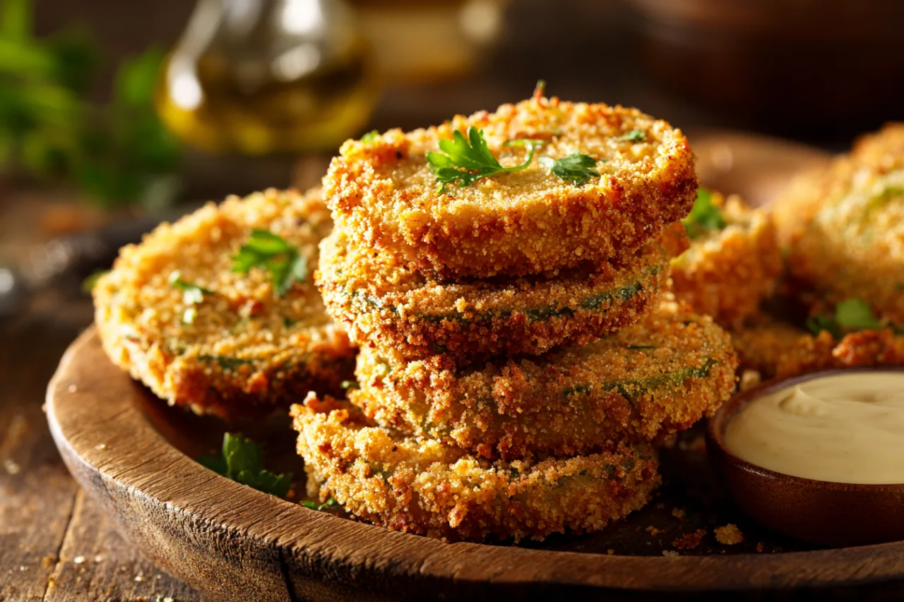 crispy fried green tomatoes stacked on a rustic wooden plate