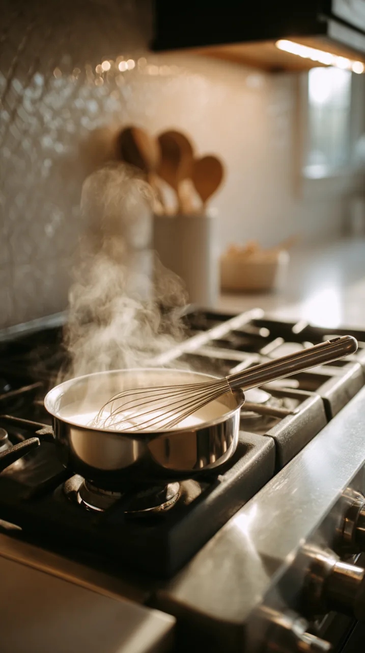 gently steaming milk in a small saucepan, sodium citrate powder being whisked in with a stainless whisk