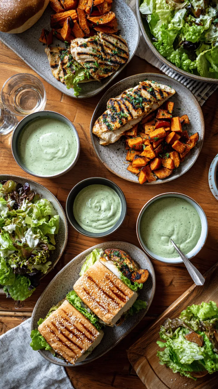 green goddess dressing next to grilled chicken, roasted sweet potatoes, butter lettuce salad, and sandwiches