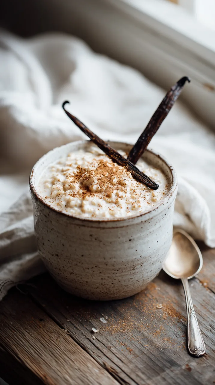 horchata overnight oats in a rustic white ceramic bowl