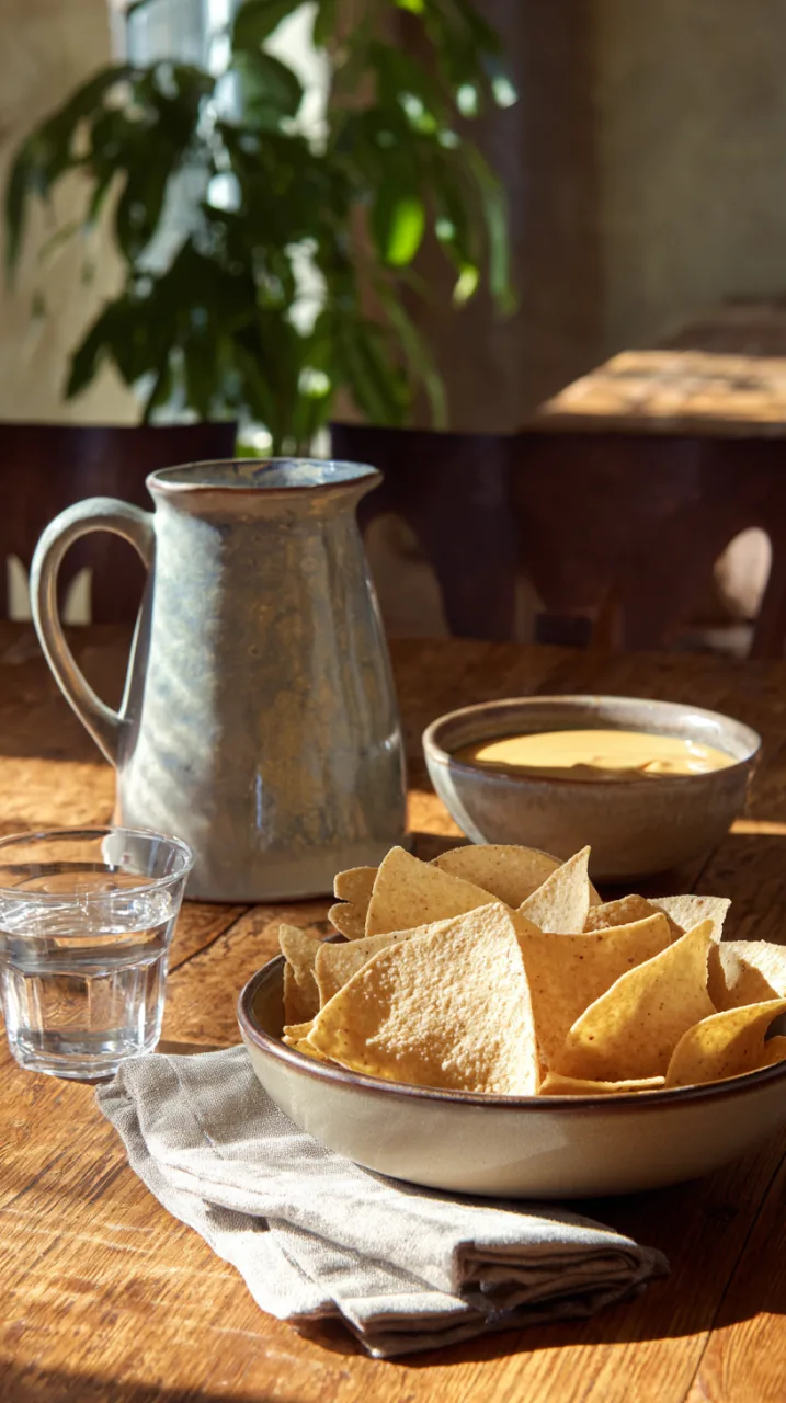 kitchen table setting with bowl of golden cheese sauce served with tortilla chips