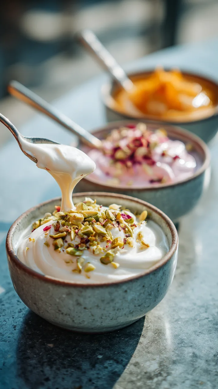 rosewater booza topped with pistachios, one with saffron booza and orange zest, one plain with stretchy texture pulled upward by a spoon