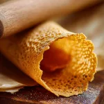 tuile cookie being gently curled around a wooden rolling pin