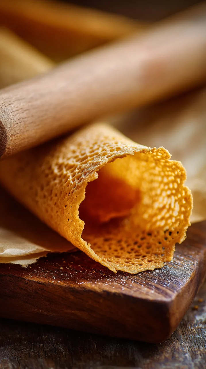 tuile cookie being gently curled around a wooden rolling pin