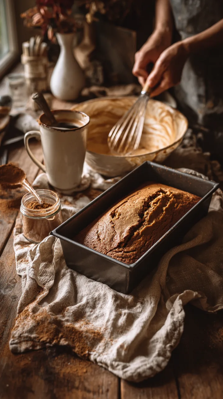 baked pumpkin bread in a loaf pan, a mixing bowl with spice residue, and a spice jar beside it