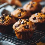 freshly baked pumpkin chocolate chip muffins on a rustic cooling rack, golden brown domed tops with melty chocolate chips