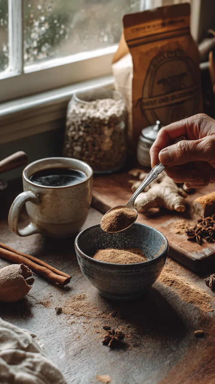 hands mixing pumpkin pie spice in a small ceramic bowl