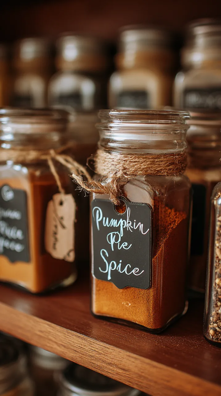 pantry shelf stocked with clearly labeled glass jars, with one labeled Pumpkin Pie Spice in the center.