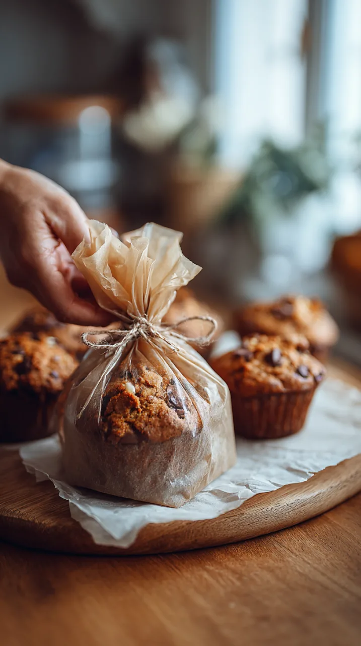 pumpkin chocolate chip muffins wrapped in parchment and tied with twine