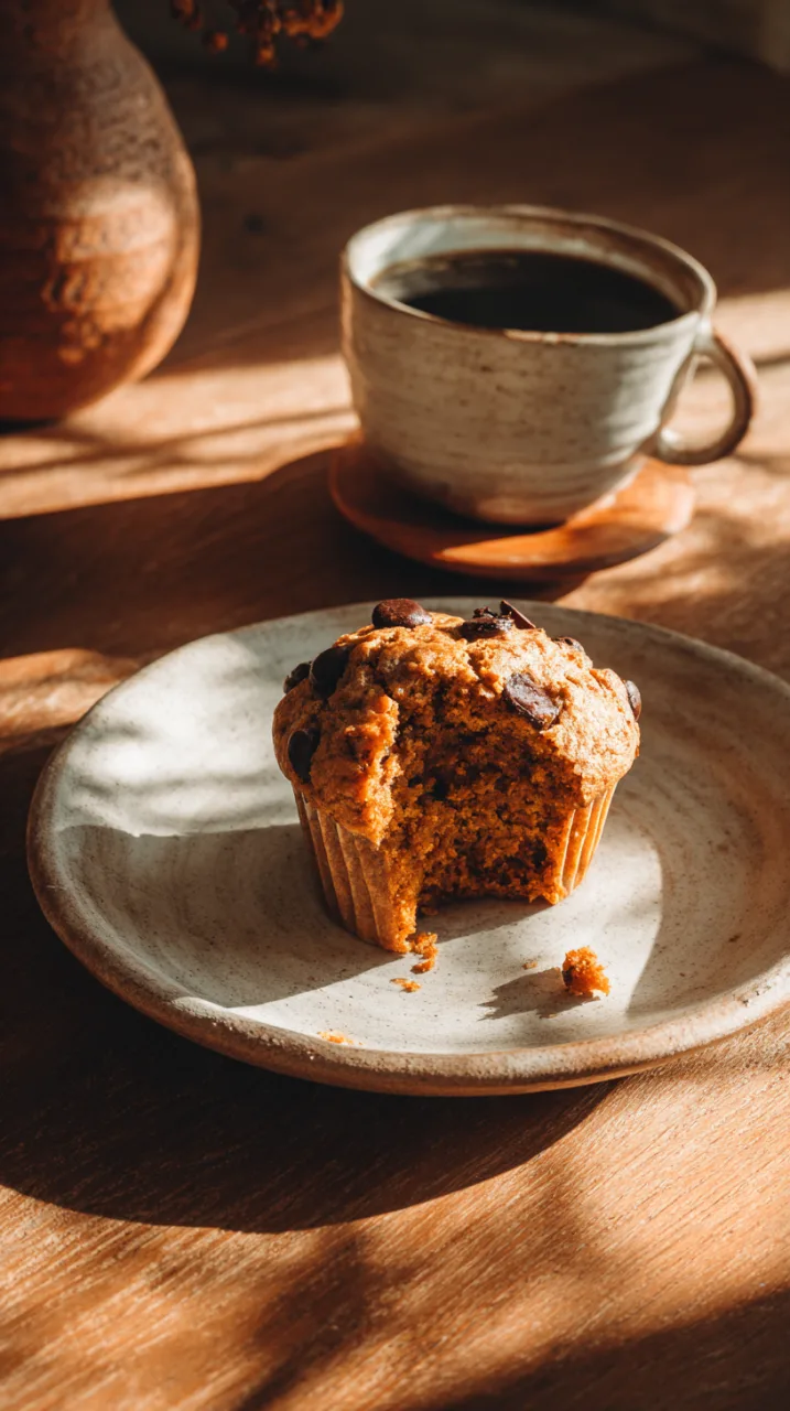 single pumpkin chocolate chip muffin on a small ceramic plate with a bite taken out