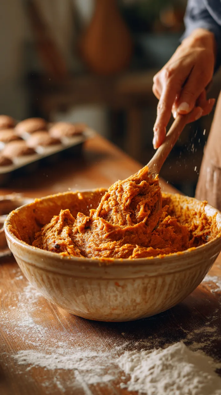slightly lumpy pumpkin muffin batter with a wooden spoon