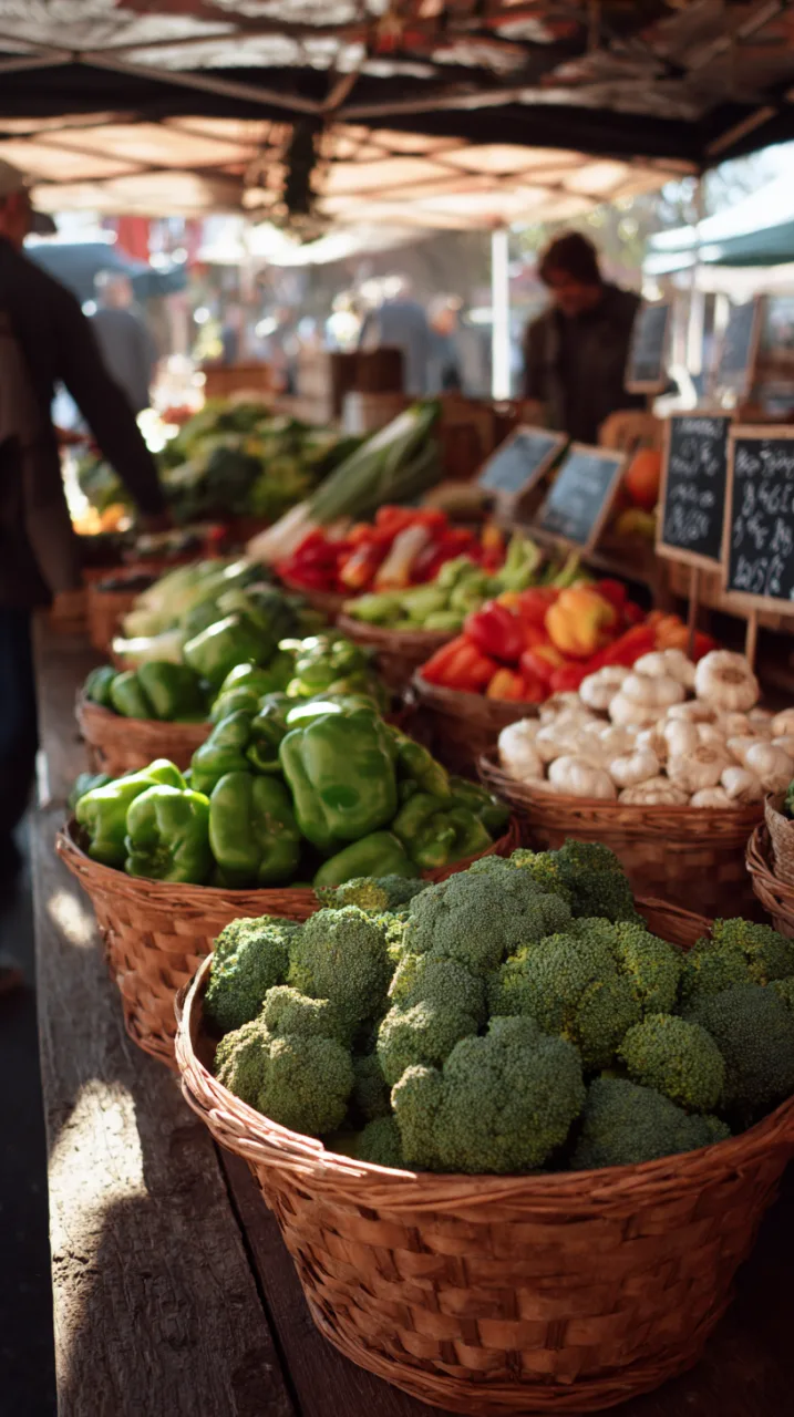 Farmers market in Santa Cruz, baskets of fresh broccoli, bell peppers, garlic, and ginger
