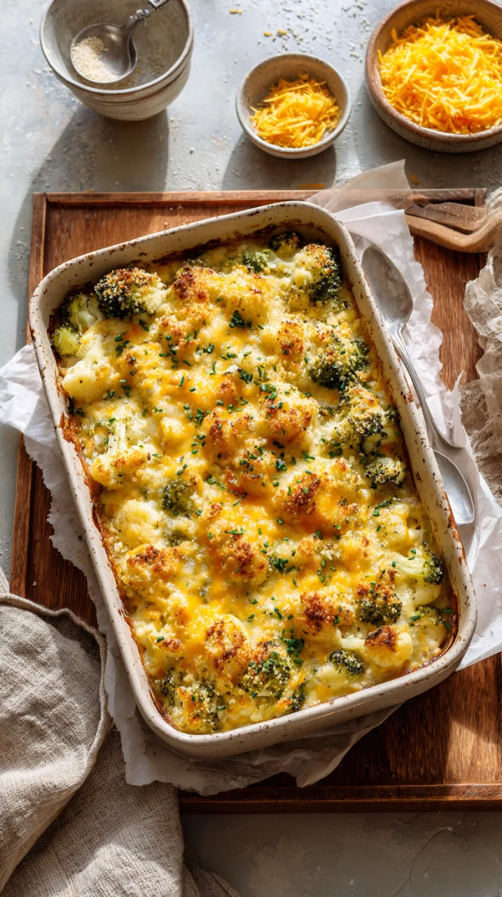 Freshly baked cheesy broccoli cauliflower casserole